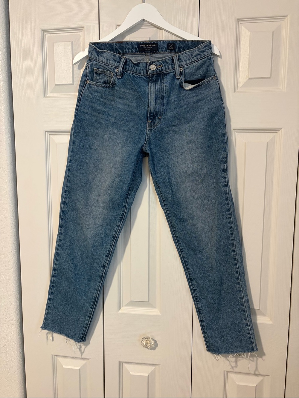 Lucky Brand Blue High-Rise Mom Jean Drew Ankle Straight Jeans Sz 6/28 Raw Hem